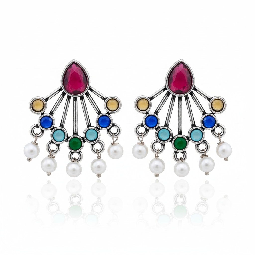 12 Oxidized Designer Stud Earrings Set with Folding Jewelry Box