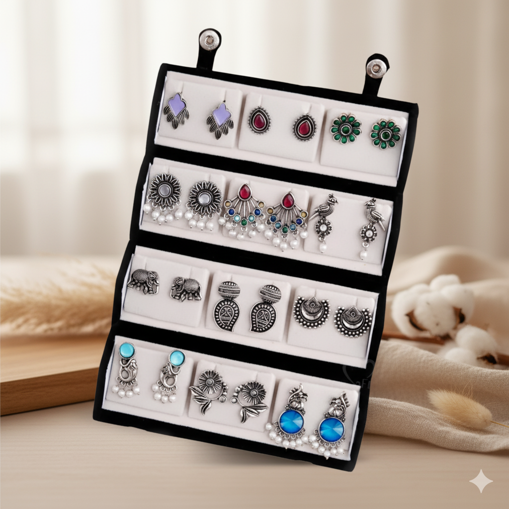 12 Oxidized Designer Stud Earrings Set with Folding Jewelry Box
