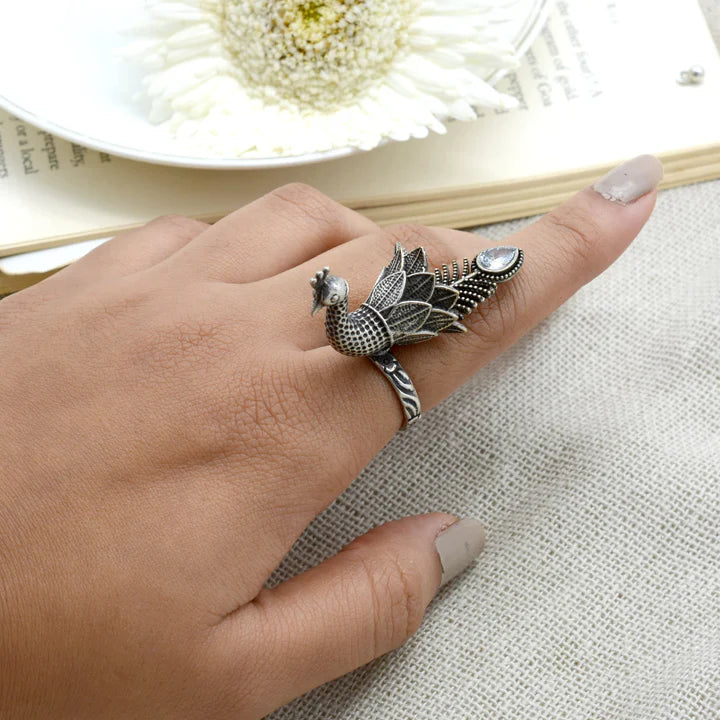 Silver Peacock Ring with Antique Oxidized Finish