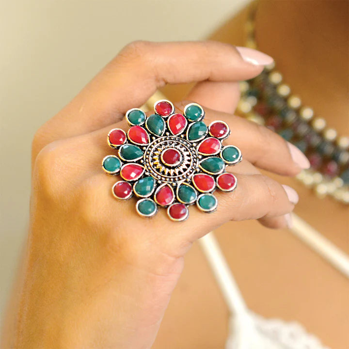 Silver Ring with Multi-Hued Stones by Vani