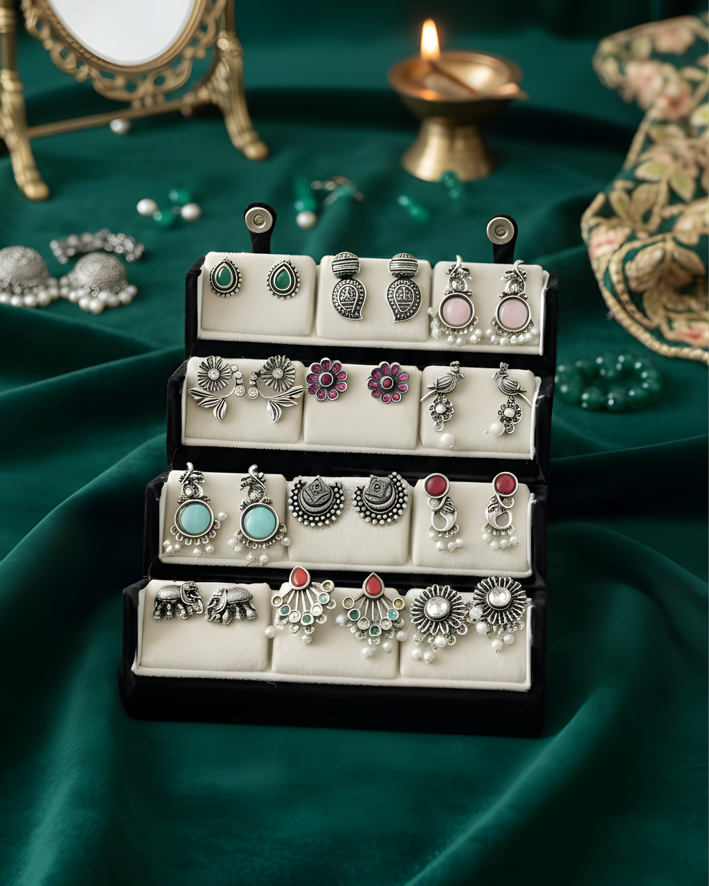 12 Oxidized Designer Stud Earrings Set with Folding Jewelry Box